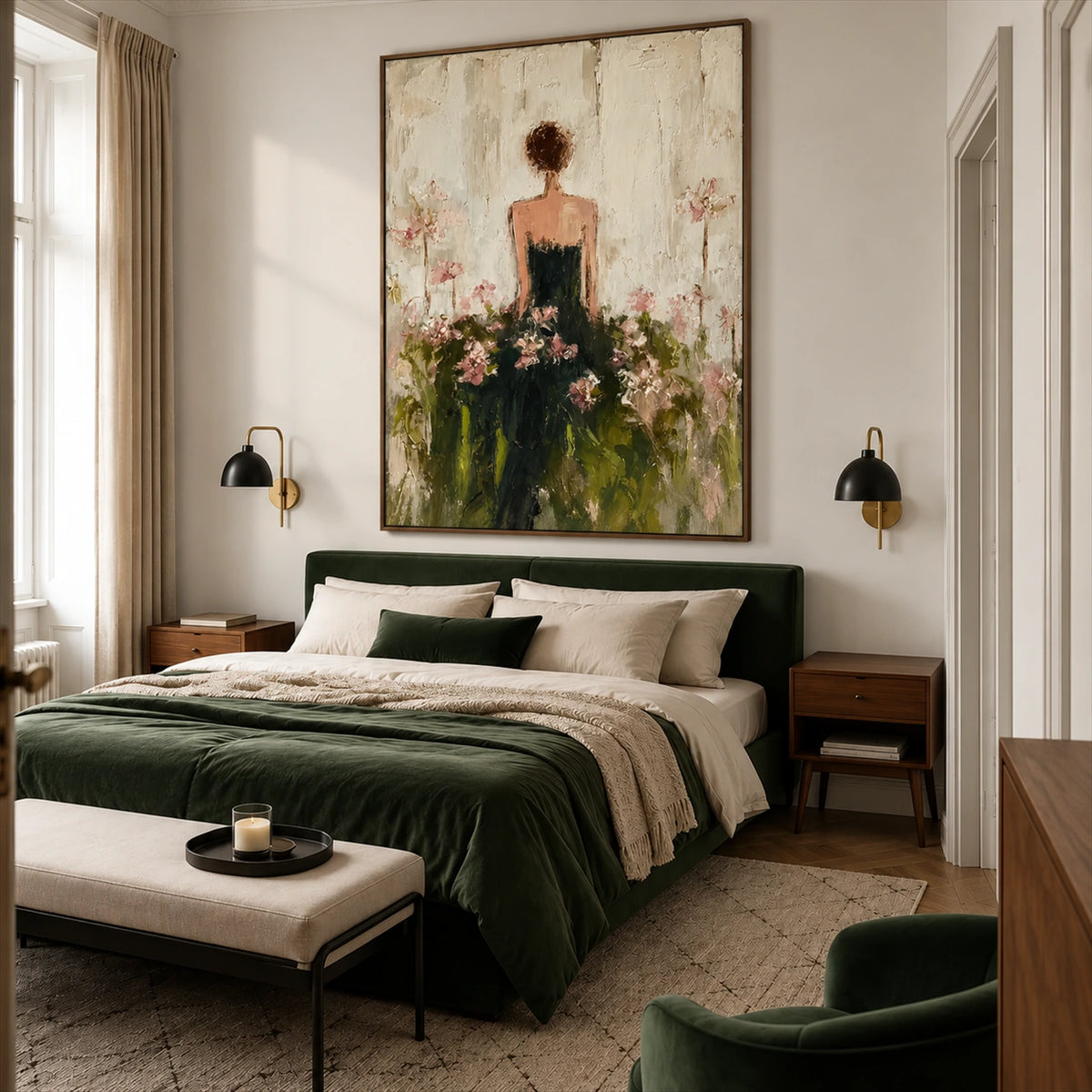 Blossom Reverie artwork displayed above a bed with dark green bedding.