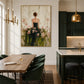 Blossom Reverie artwork displayed beside a dining table and open kitchen.