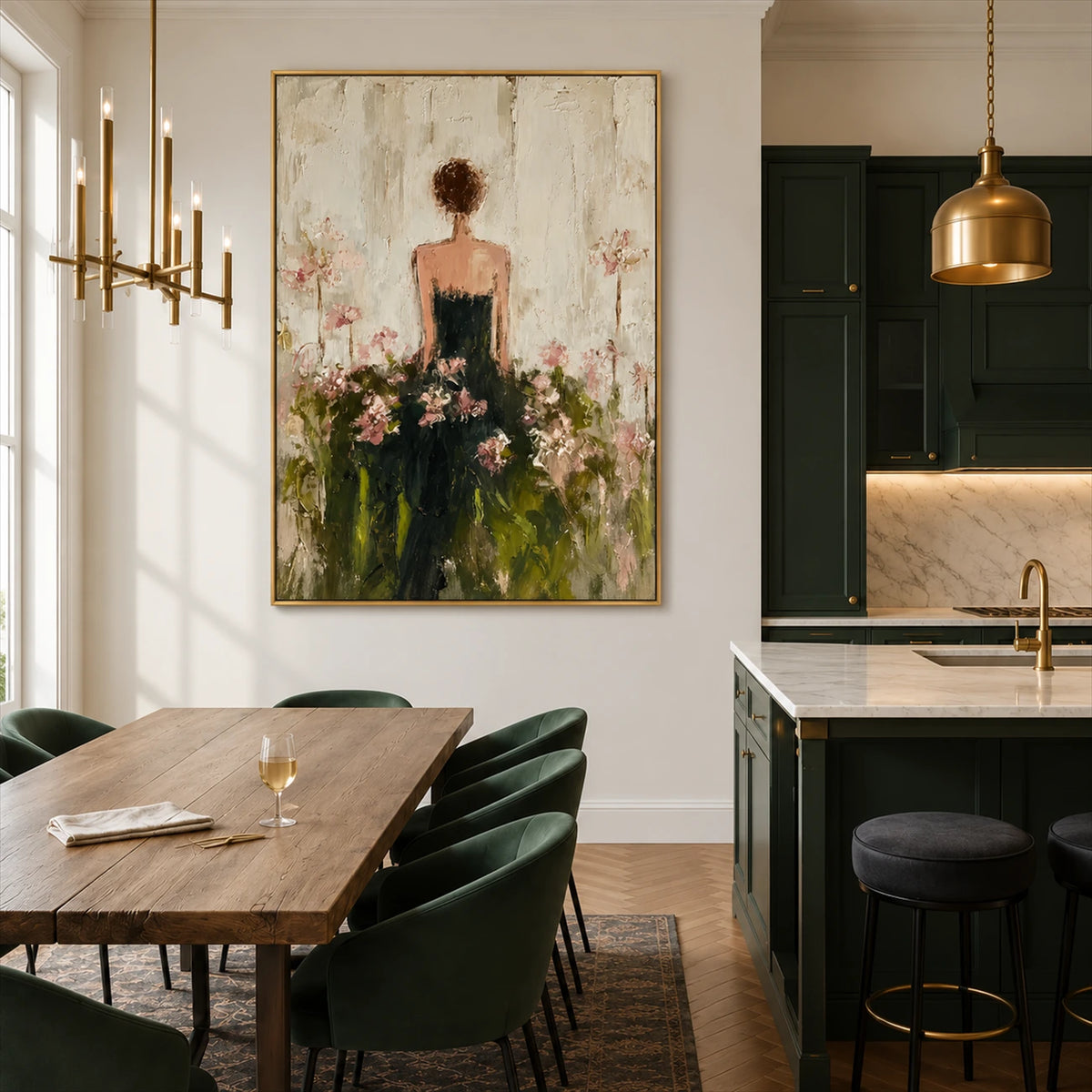 Blossom Reverie artwork displayed beside a dining table and open kitchen.
