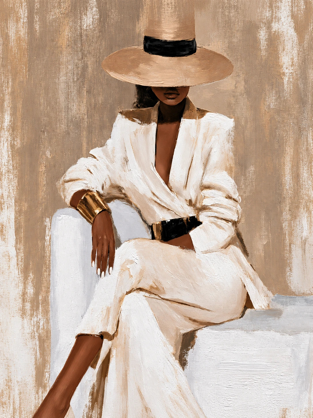 Ivory Composure full artwork. A seated woman in an ivory suit rests beneath a wide-brimmed hat, her face partly hidden in shadow.