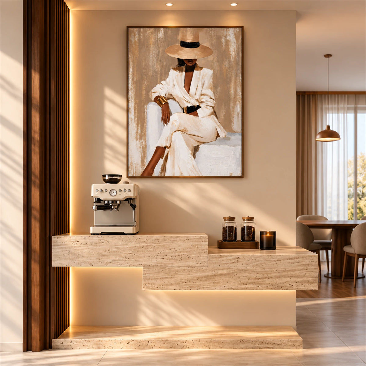 Ivory Composure artwork displayed above a coffee counter in a warmly lit interior.