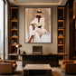 Ivory Composure artwork displayed above a desk in a dark wood office.