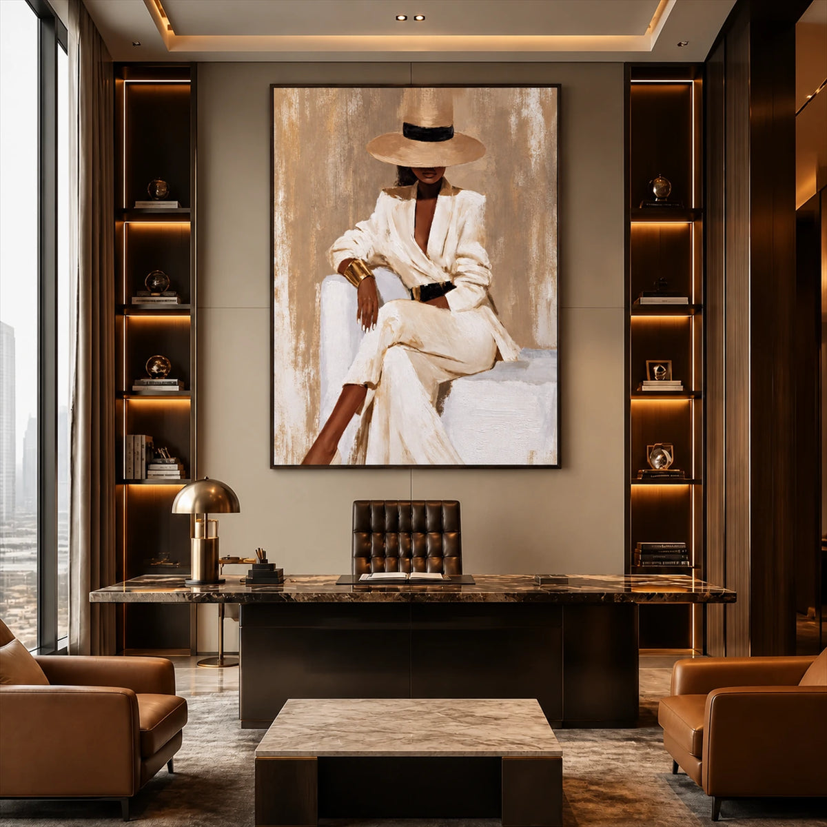 Ivory Composure artwork displayed above a desk in a dark wood office.