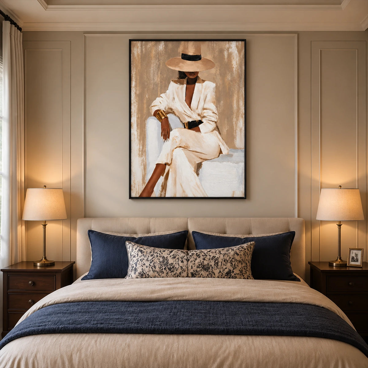 Ivory Composure artwork displayed above a bed with navy bedding.