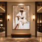 Ivory Composure artwork displayed above a bench in a warmly lit hallway.