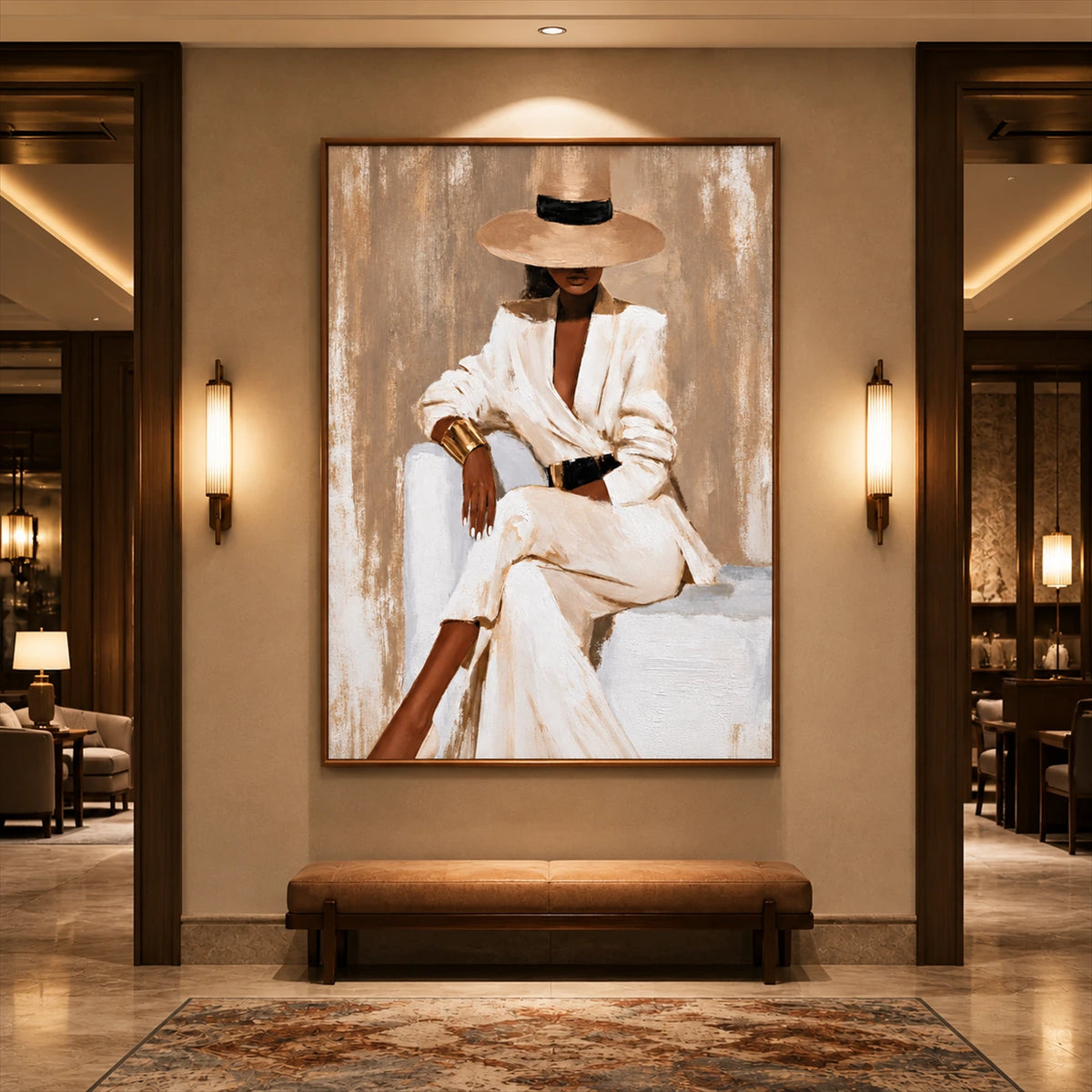 Ivory Composure artwork displayed above a bench in a warmly lit hallway.