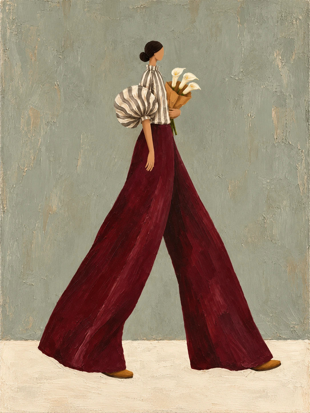 Garnet Stride full artwork. A slender figure strides across a muted sage backdrop in flowing garnet trousers and a striped blouse with sculptural sleeves.