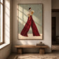 Garnet Stride artwork displayed above a rustic bench in an entryway.