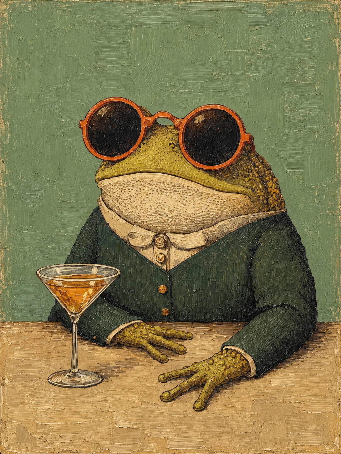 Dapper Frog full artwork. A smartly dressed frog in round amber sunglasses sits beside a golden cocktail.
