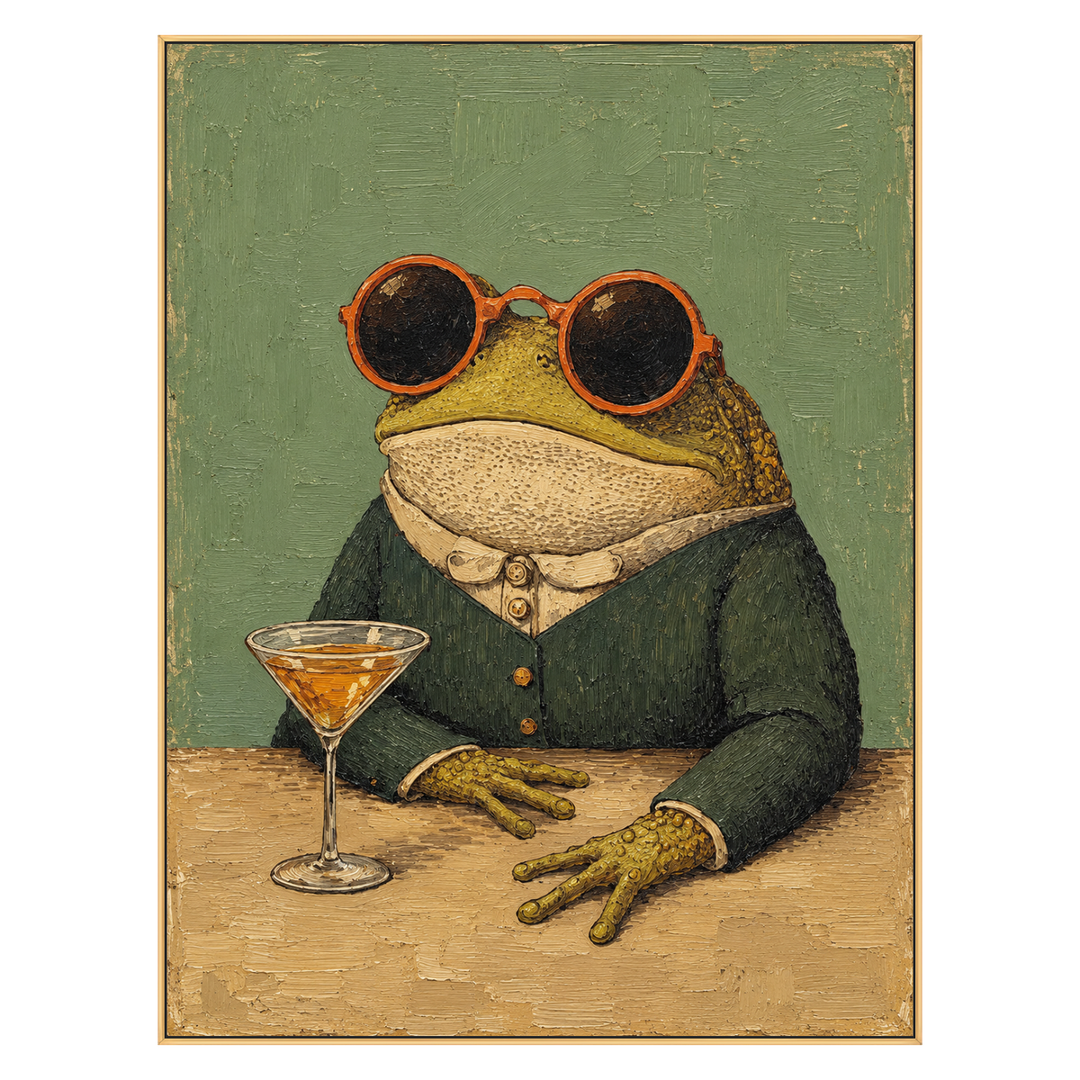 Dapper Frog artwork in a gold frame on a transparent background.