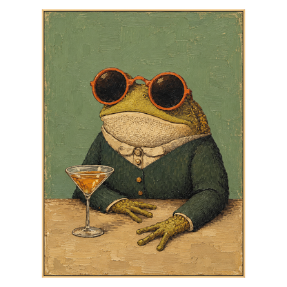 Dapper Frog artwork in a gold frame on a transparent background.