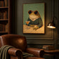 Dapper Frog artwork displayed above a brown leather armchair beside bookshelves.