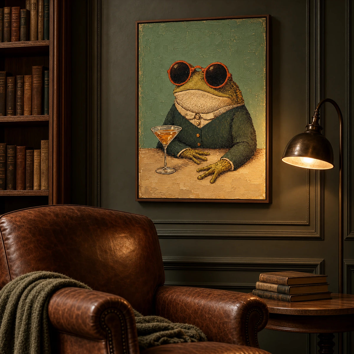 Dapper Frog artwork displayed above a brown leather armchair beside bookshelves.
