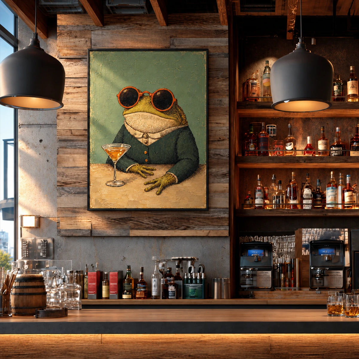Dapper Frog artwork displayed above a bar counter between bottle shelves.