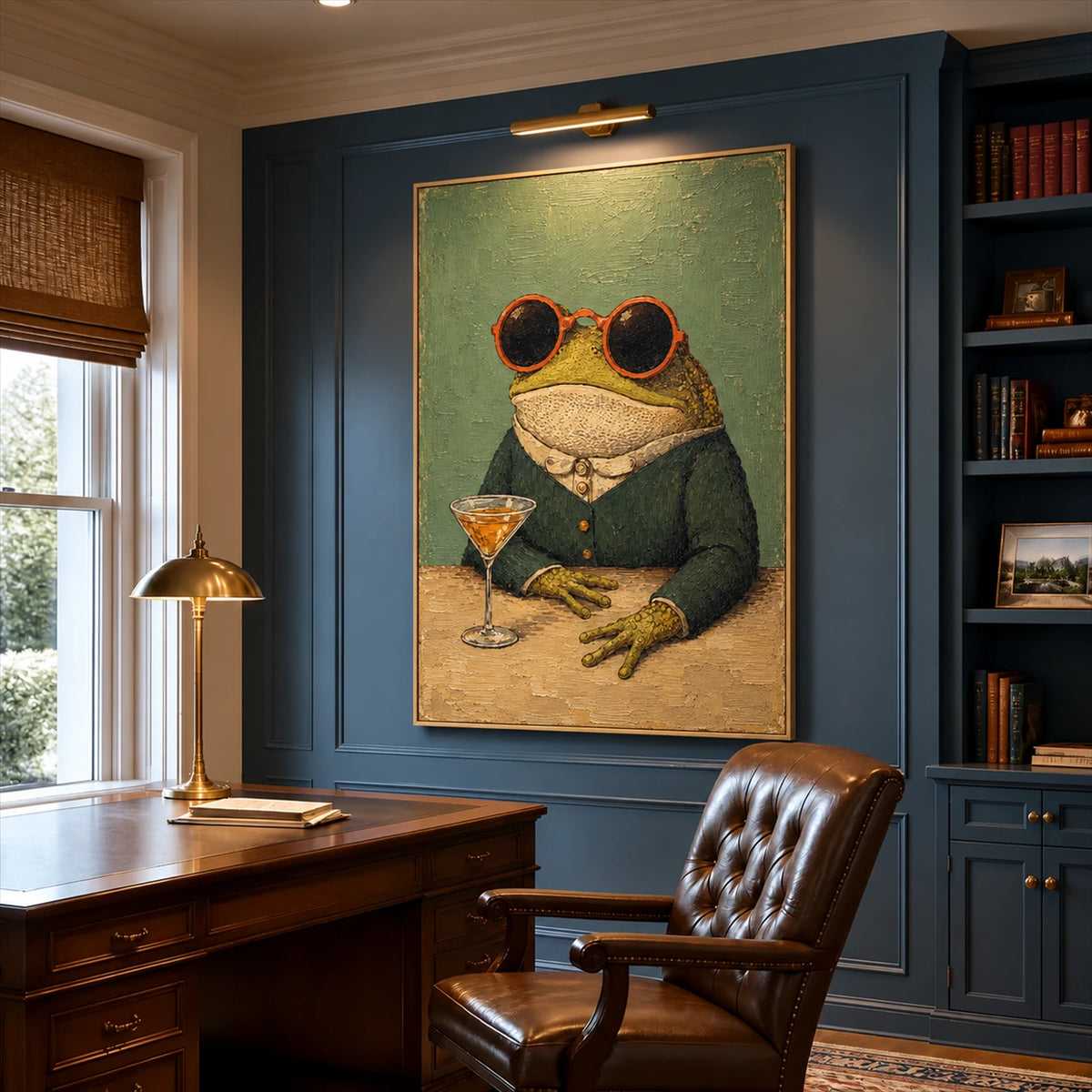 Dapper Frog artwork displayed above a wooden desk in a blue study.