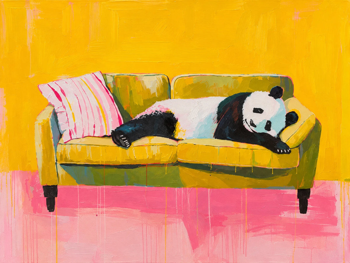 Panda Pause full artwork. A panda stretches lazily across an olive-green sofa beside a striped pink cushion.