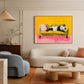 Panda Pause artwork displayed above a cream sofa beside a blue armchair.