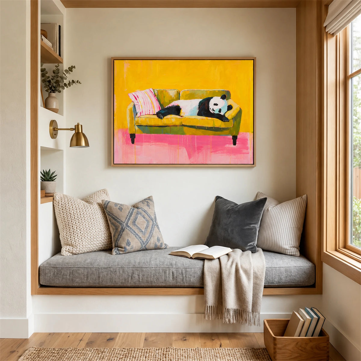 Panda Pause artwork displayed above a cushioned window bench.