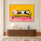 Panda Pause artwork displayed above a fluted wooden sideboard.