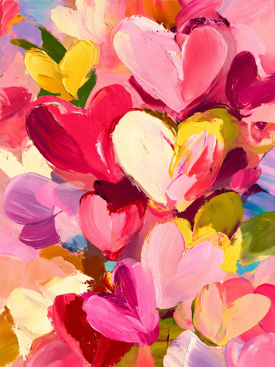 Heart Confetti full artwork. Overlapping hearts burst across the canvas in hot pink, crimson, lemon yellow, and soft lavender.
