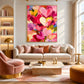 Heart Confetti artwork displayed above a cream sofa in a pink-accented living room.