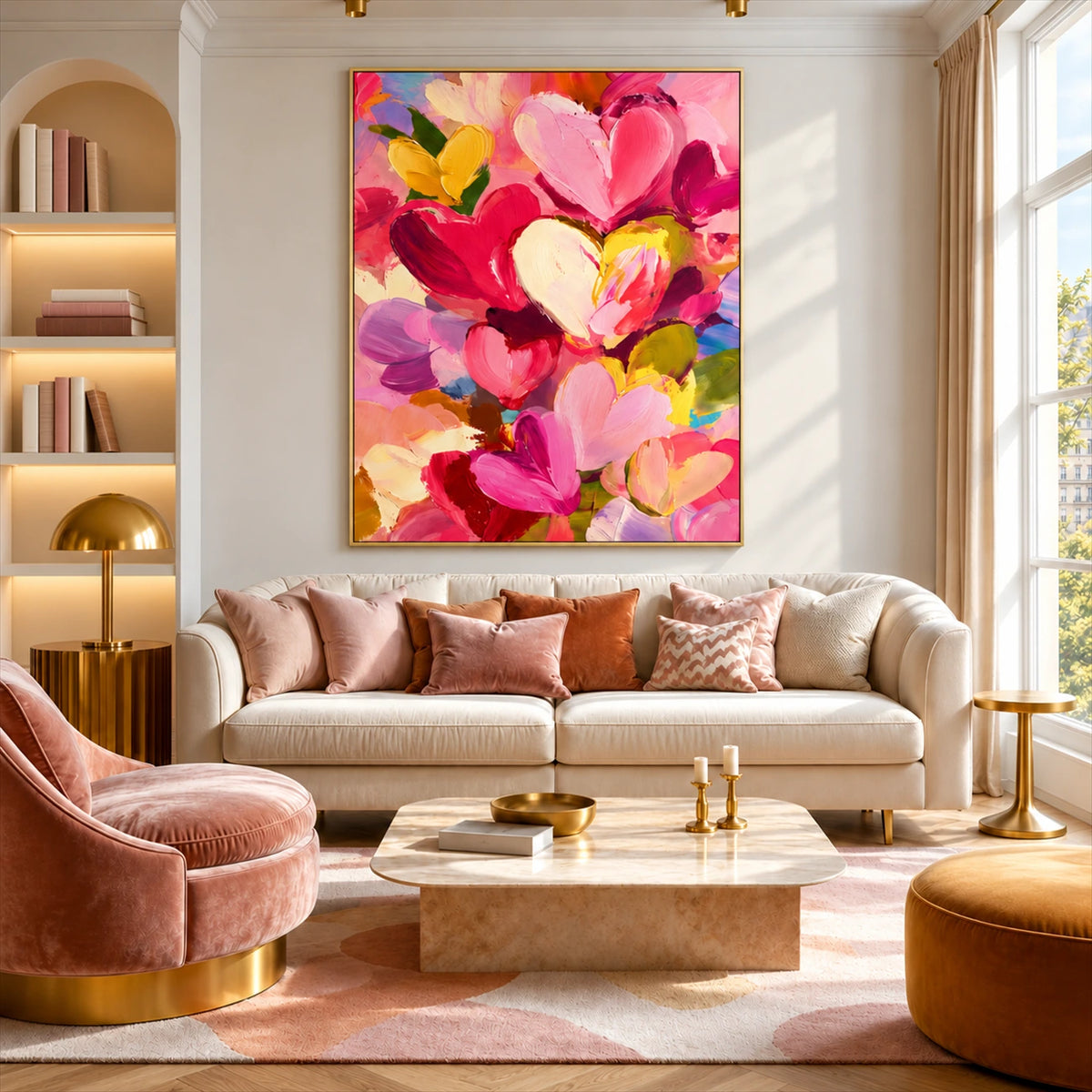 Heart Confetti artwork displayed above a cream sofa in a pink-accented living room.