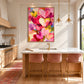 Heart Confetti artwork displayed above a kitchen island with blush stools.