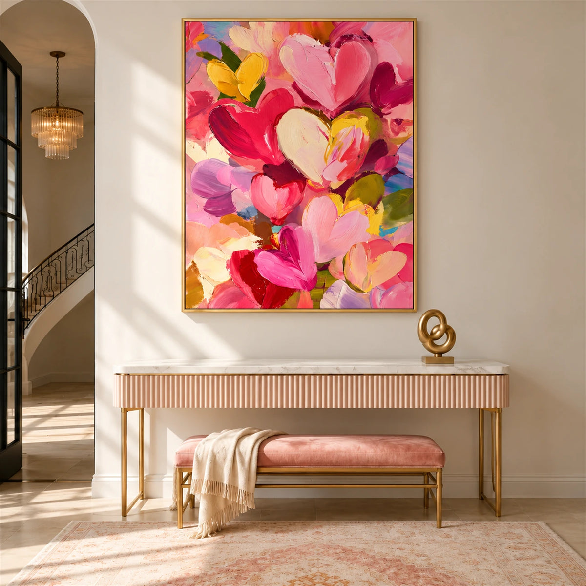 Heart Confetti artwork displayed above a fluted console and pink bench.
