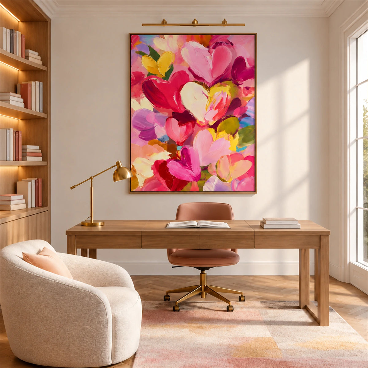 Heart Confetti artwork displayed above a wooden desk beside built-in shelves.
