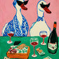 Duck Aperitif full artwork. Two stylish ducks in dark sunglasses gather at a green table set with wine and small bites.