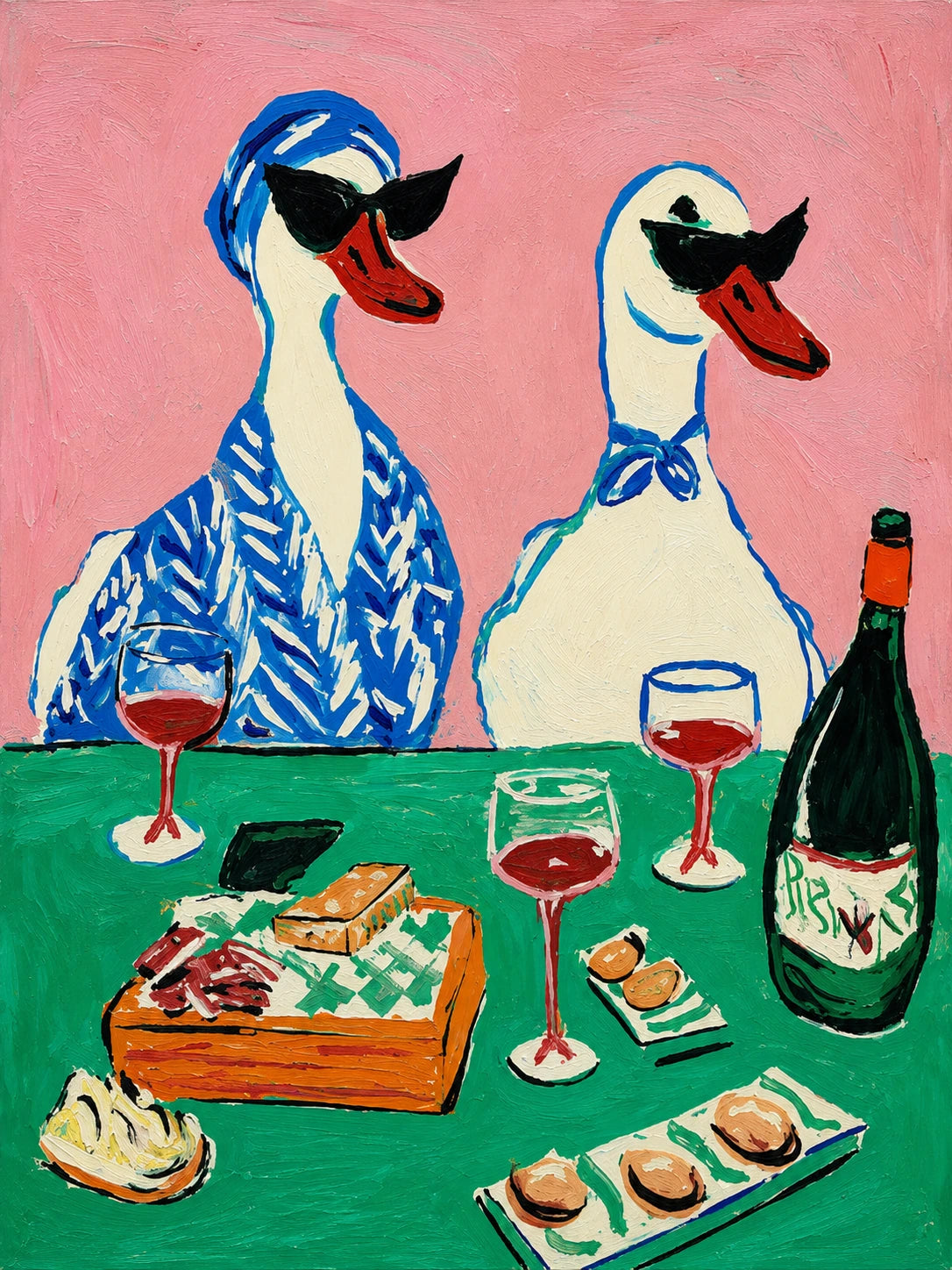 Duck Aperitif full artwork. Two stylish ducks in dark sunglasses gather at a green table set with wine and small bites.