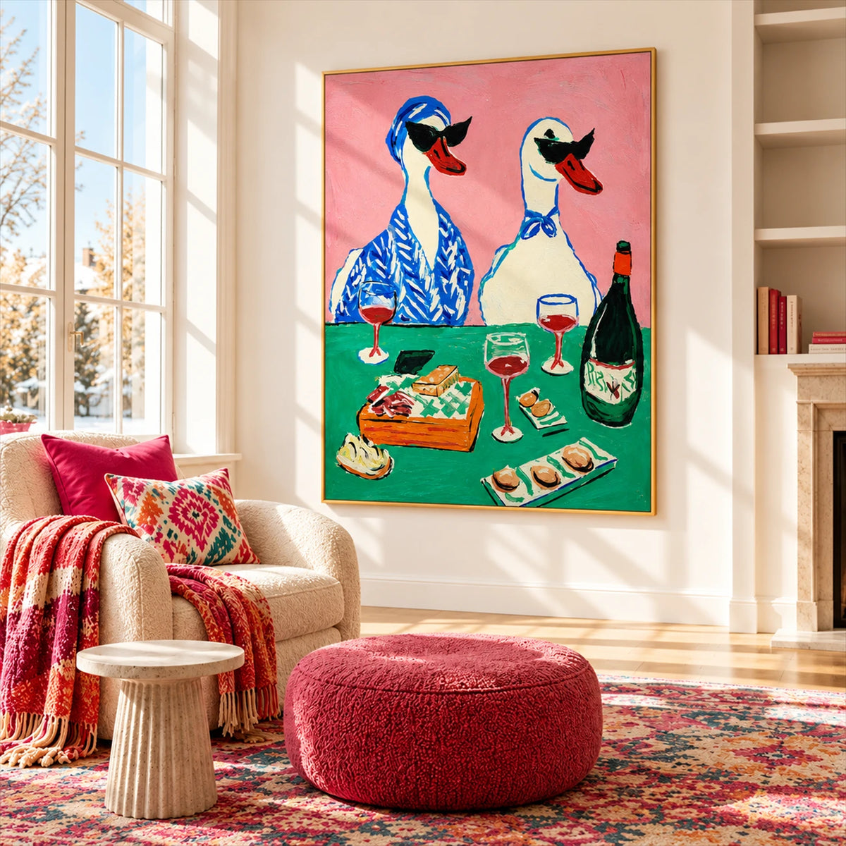 Duck Aperitif artwork displayed beside a cream armchair and red ottoman.