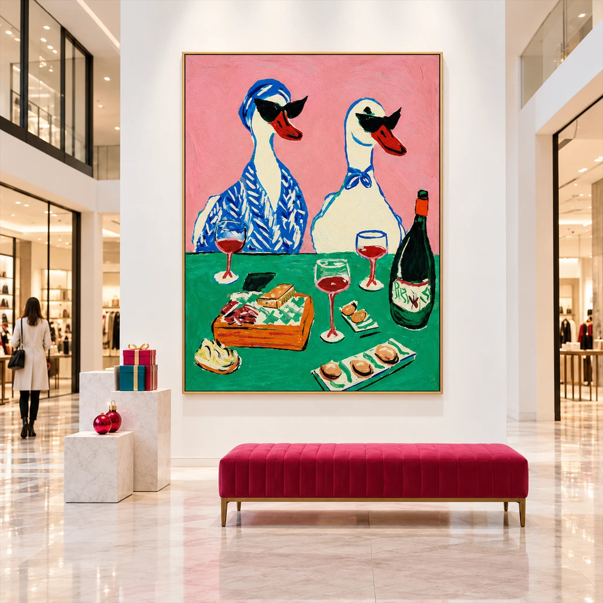 Duck Aperitif artwork displayed above a red bench in a bright open hall.
