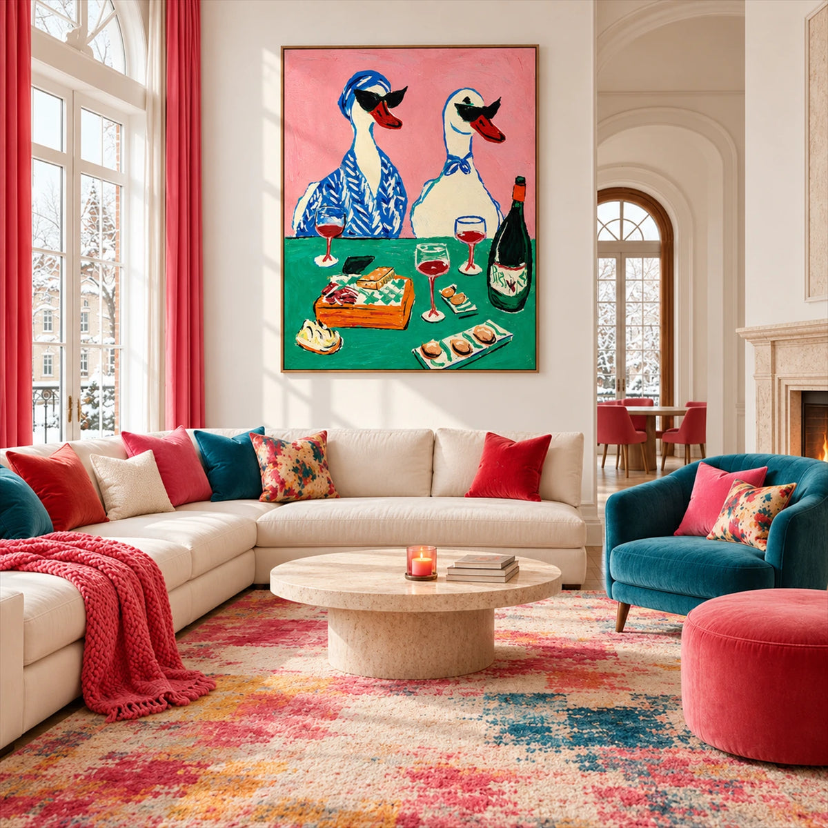 Duck Aperitif artwork displayed above a cream sectional sofa in a colorful living room.