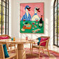 Duck Aperitif artwork displayed beside a dining table with woven chairs.