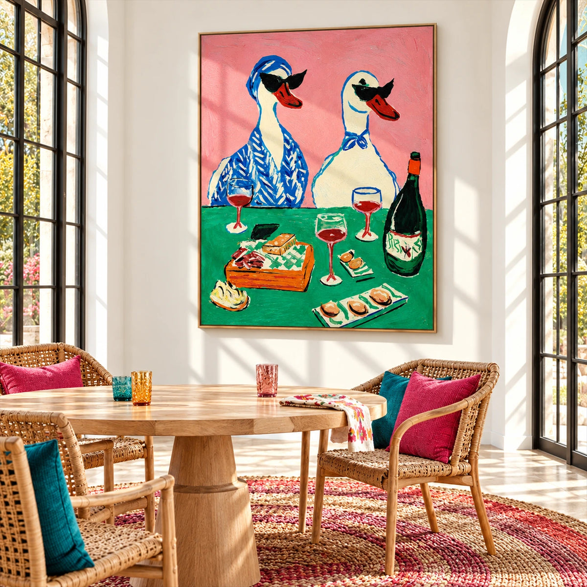 Duck Aperitif artwork displayed beside a dining table with woven chairs.