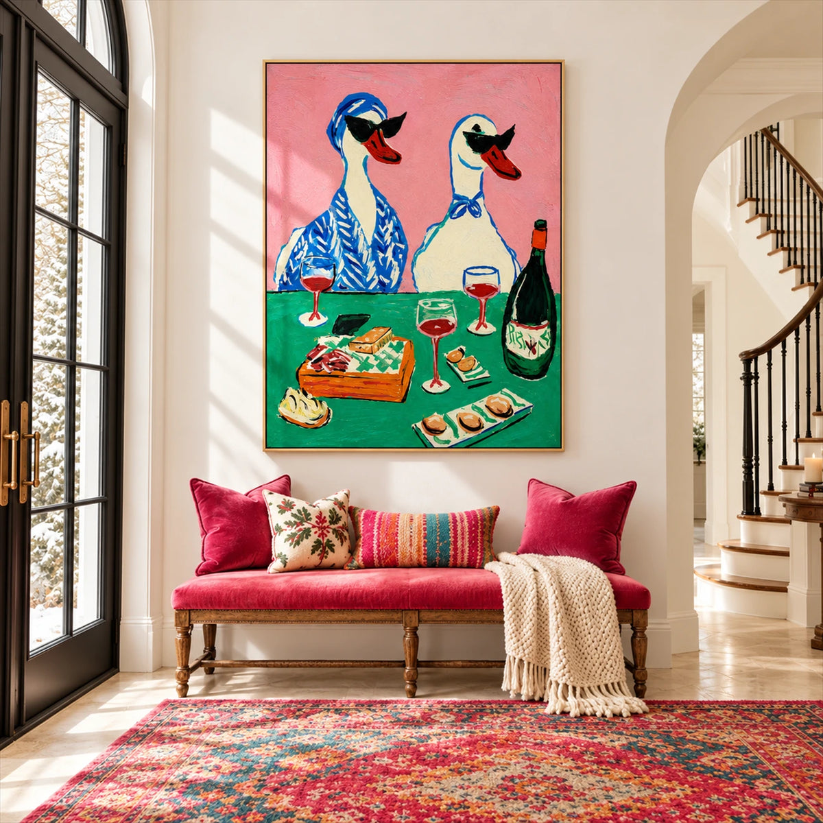 Duck Aperitif artwork displayed above a red entryway bench beside a staircase.