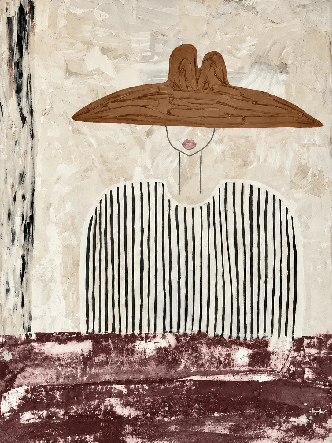 Umber Brim full artwork. An oversized brown hat shades a slender face above a finely striped blouse.