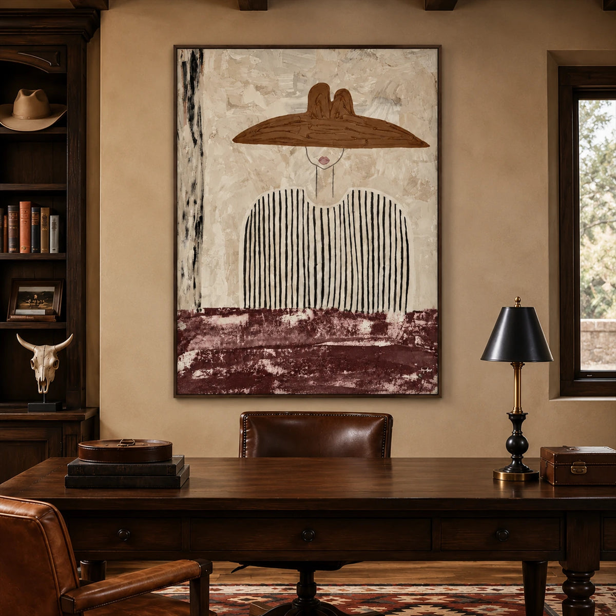 Umber Brim artwork displayed above a wooden desk in a rustic study.