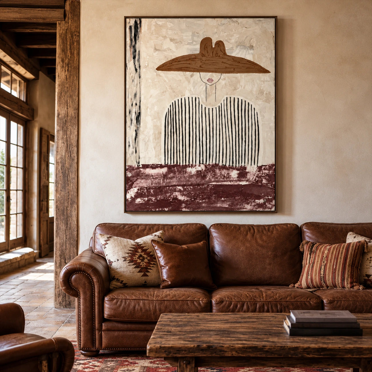 Umber Brim artwork displayed above a brown leather sofa.