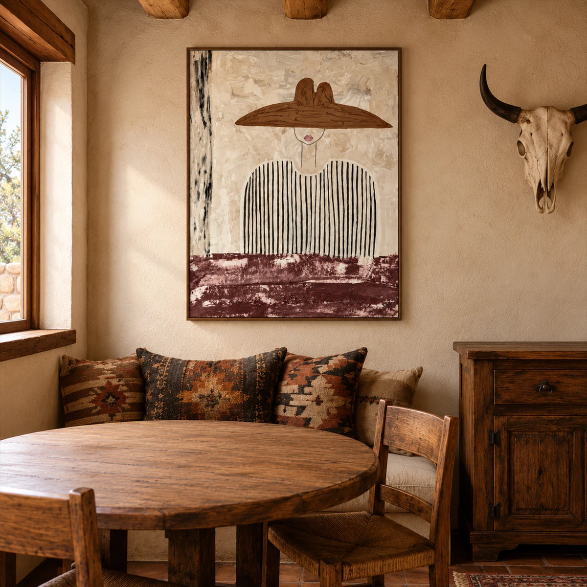 Umber Brim artwork displayed beside a round wooden dining table.