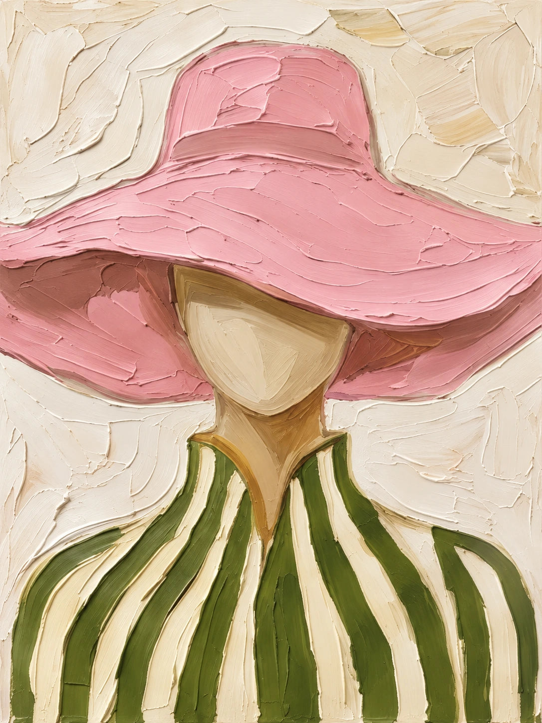 Blush Brim full artwork. A sweeping pink hat shades a softly simplified face above an olive-and-ivory striped blouse.