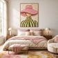 Blush Brim artwork displayed above a bed with blush bedding.