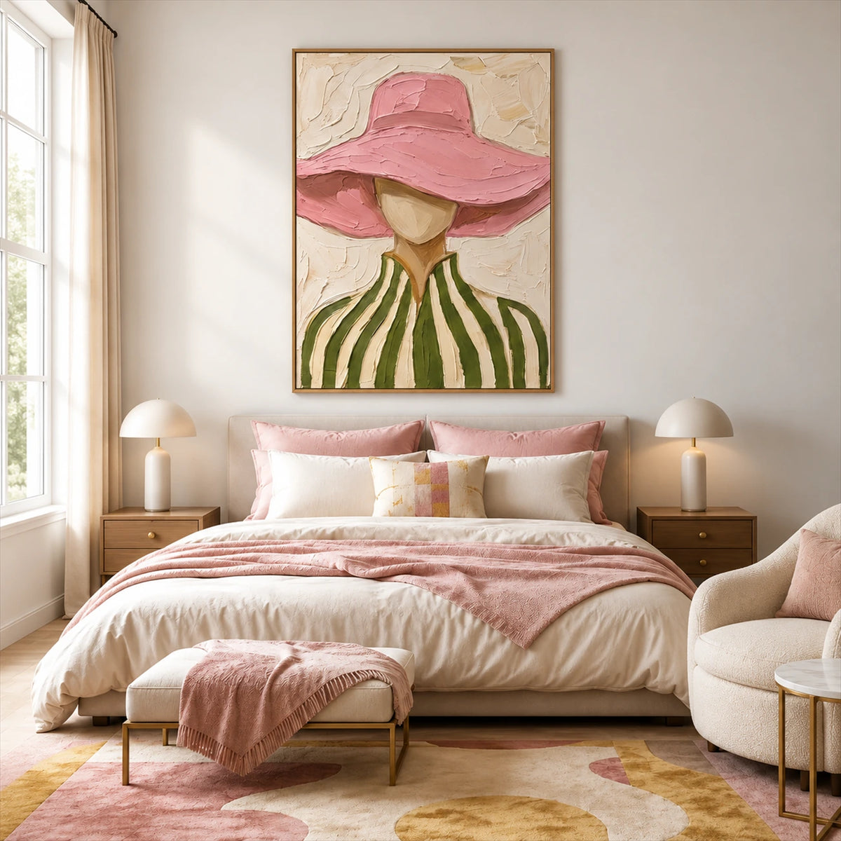 Blush Brim artwork displayed above a bed with blush bedding.