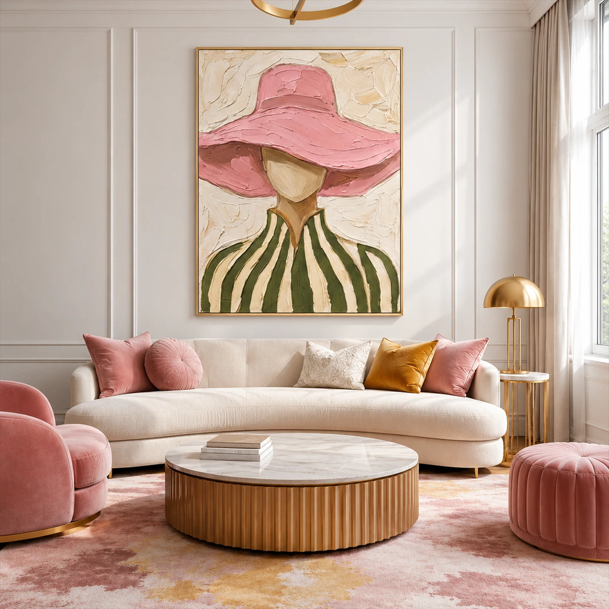 Blush Brim artwork displayed above a curved cream sofa.