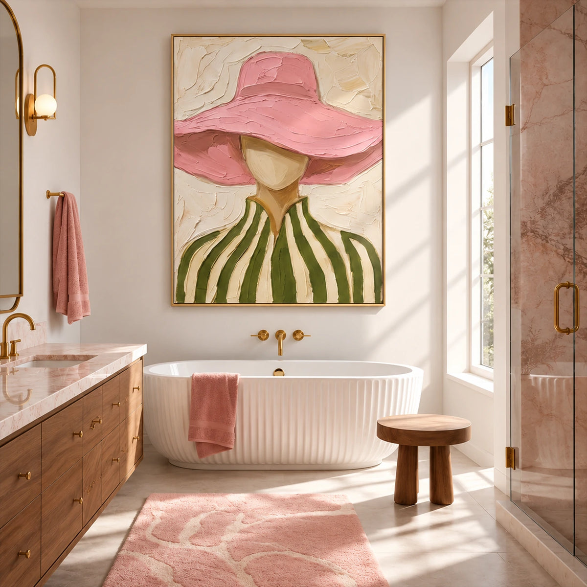 Blush Brim artwork displayed above a freestanding bathtub.