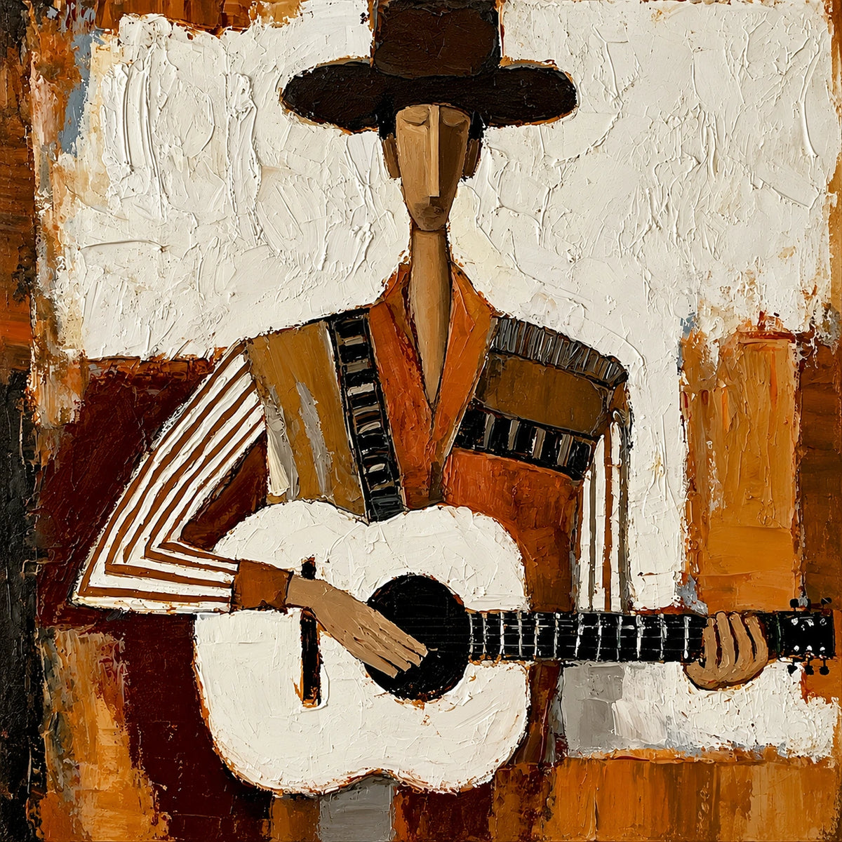 Mesa Ballad full artwork. A long-faced musician in a broad black hat holds an ivory guitar against layered ochre, rust, and cream.