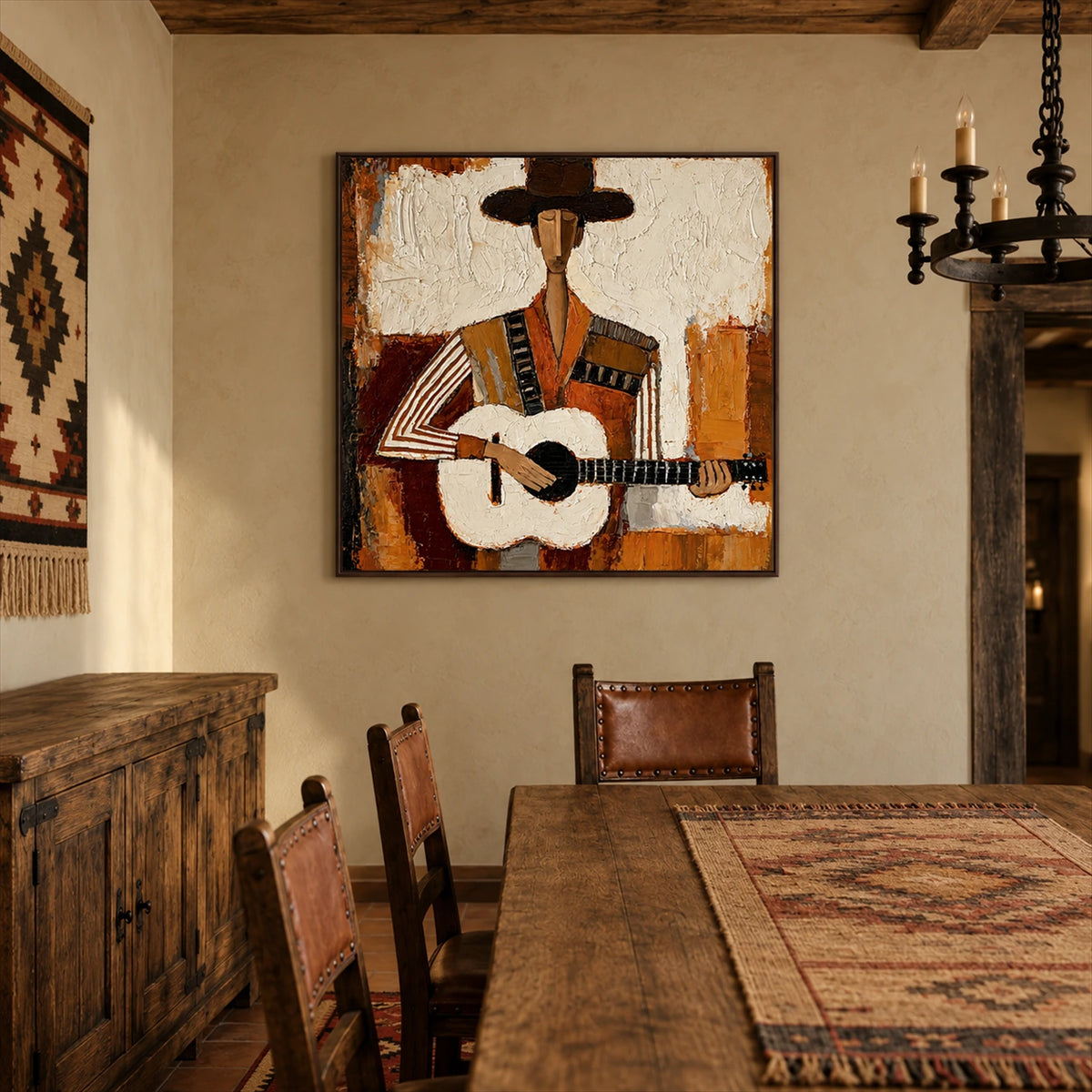 Mesa Ballad artwork displayed beside a wooden dining table.
