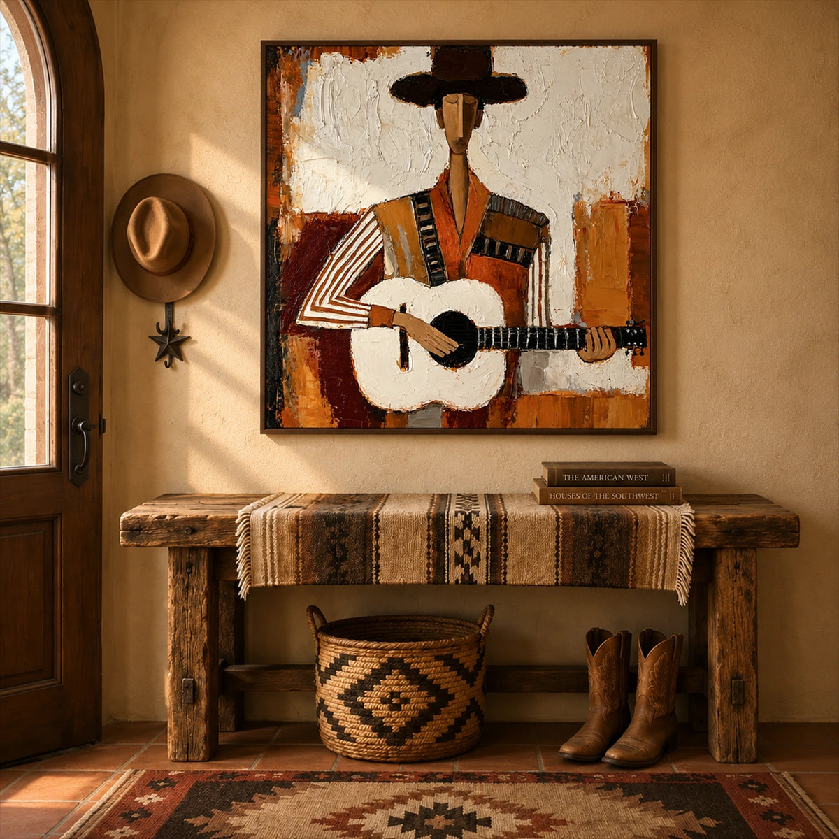 Mesa Ballad artwork displayed above a rustic entryway console.