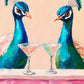 Peacock Aperitif full artwork. Two jewel-toned peacocks face one another across a pink bar, each beside a pastel cocktail.